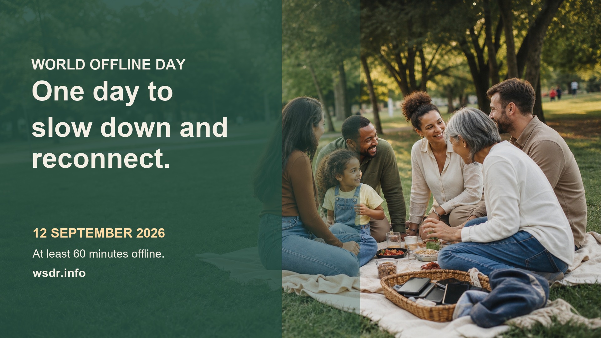World Offline Day Kampagnenmotiv mit Menschen beim gemeinsamen Picknick und bewusst abgelegten Smartphones