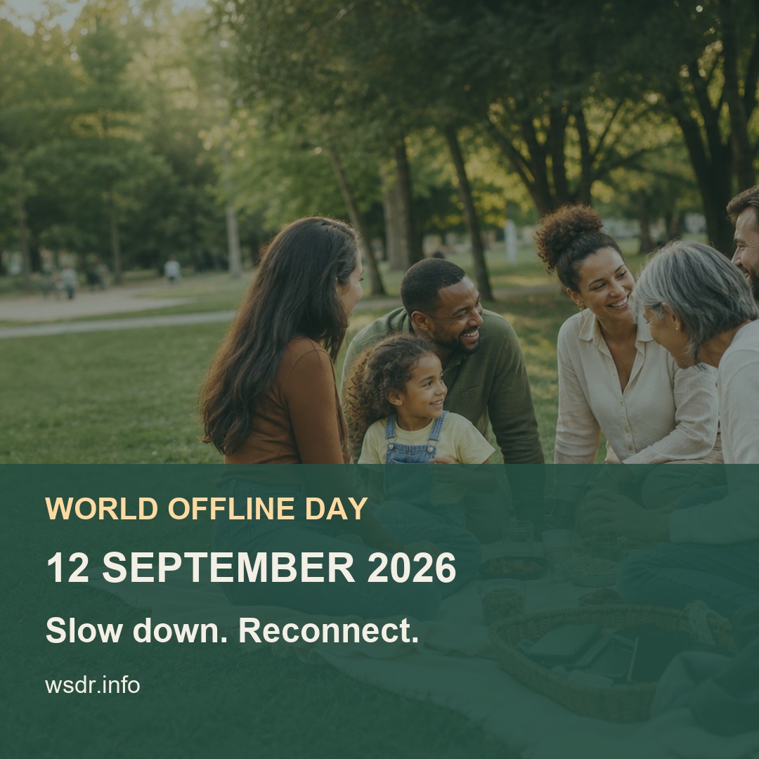 Quadratisches World Offline Day Social-Media-Motiv mit gemeinsamem Picknick und Kampagnendatum