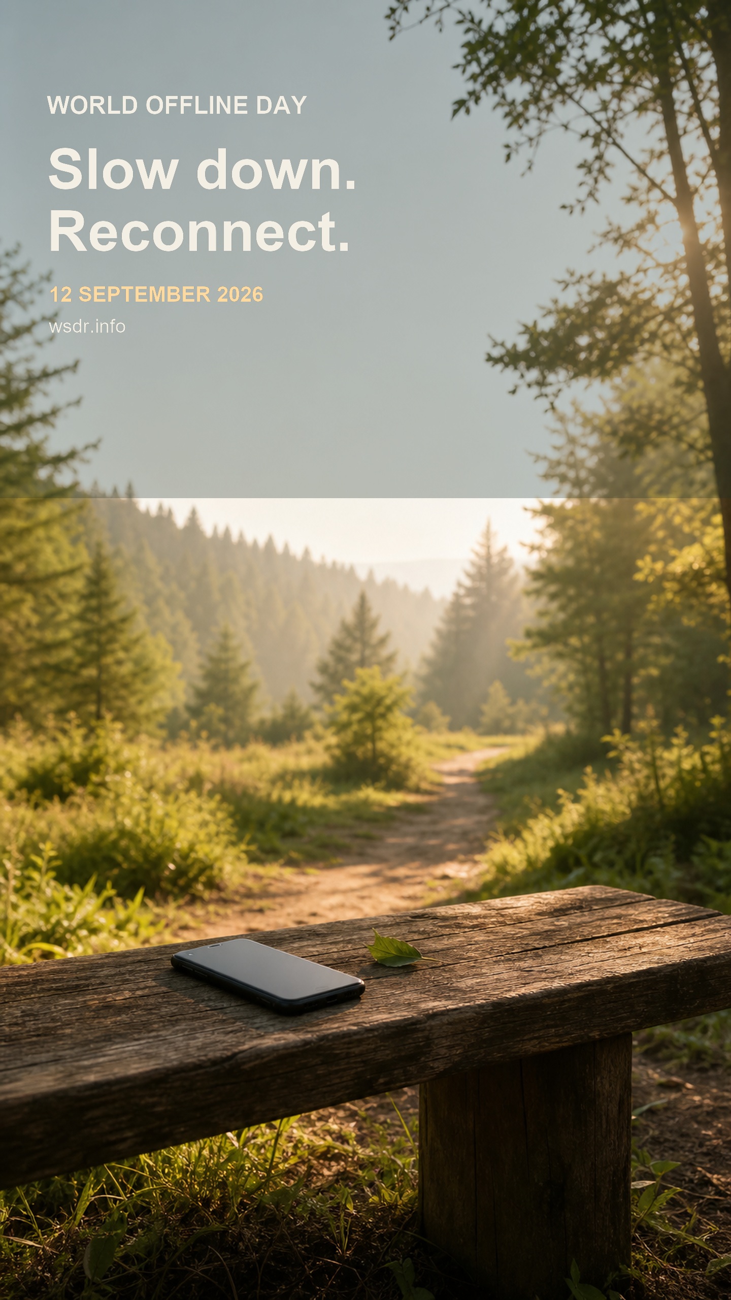 World Offline Day Smartphone-Wallpaper mit Waldweg, abgelegtem Smartphone und dem Datum 12. September 2026
