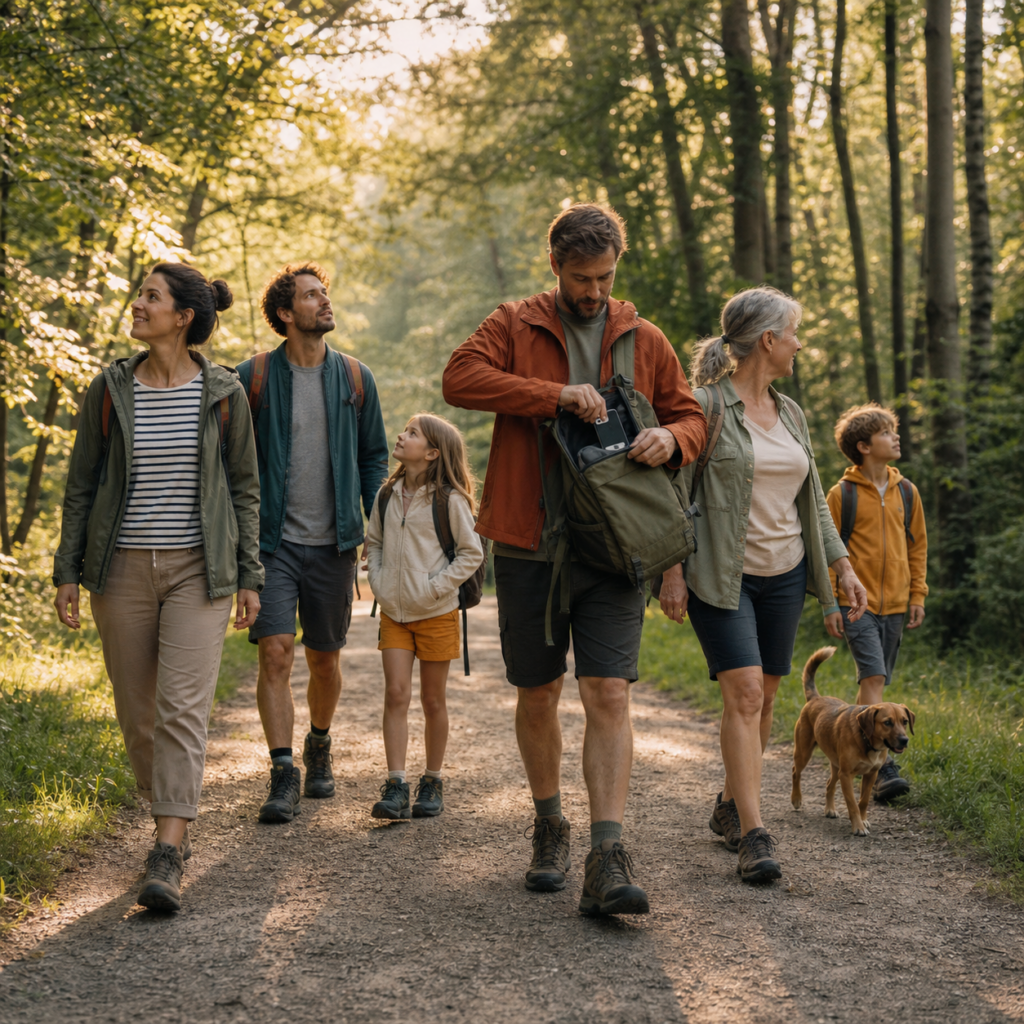 Menschen bei einem gemeinsamen bildschirmfreien Spaziergang auf einem Waldweg